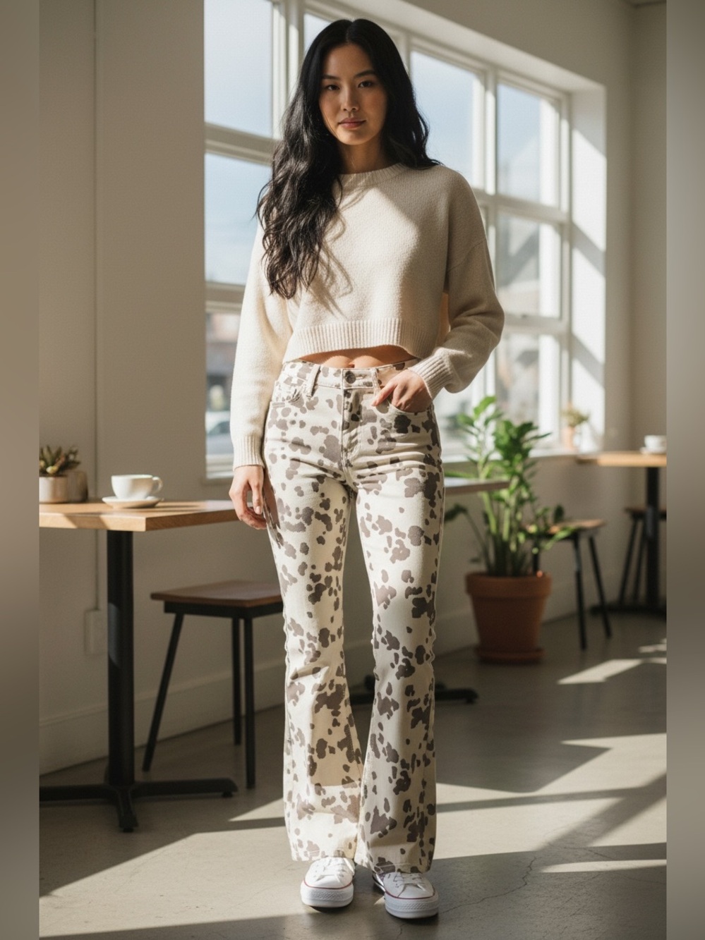 ZARA TALL Beige and Brown High Rise/Stretchy Cow-Print Jeans!